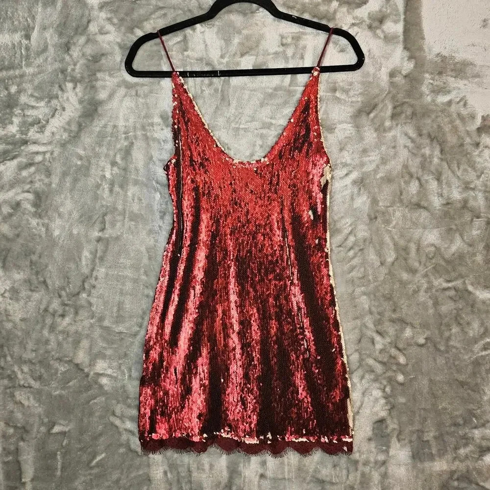 Intimately Free People Dress Womens XS Red Slip Lace Two Tone Sequin Romantic